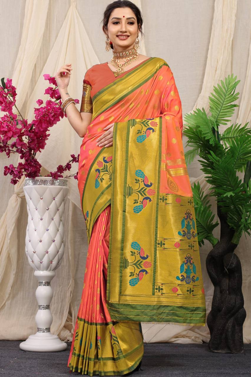 Peach Paithani Pure Silk Handloom Saree With Pure Jari