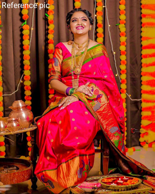 Pink  Paithani Pure Silk Handloom Saree With Pure Jari