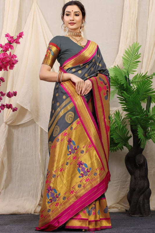 Grey  Paithani Pure Silk Handloom Saree With Pure Jari