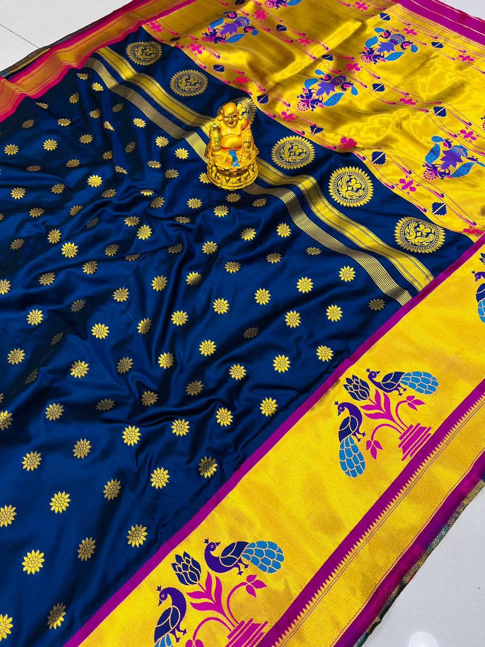 Blue  Paithani Pure Silk Handloom Saree With Pure Jari