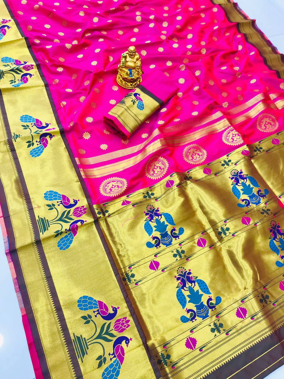 Pink  Paithani Pure Silk Handloom Saree With Pure Jari