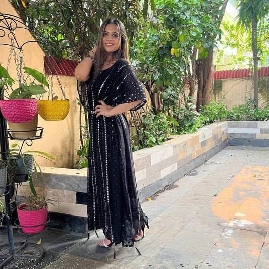 Black Foil Paper Work Georgette Kaftan