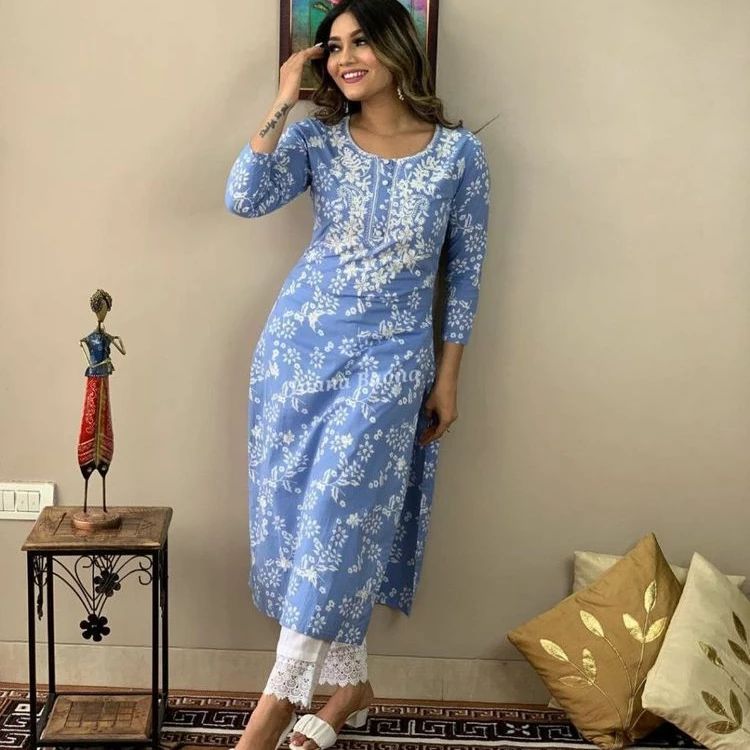 Sky Blue Beautiful Heavy Rayon Printed Kurti