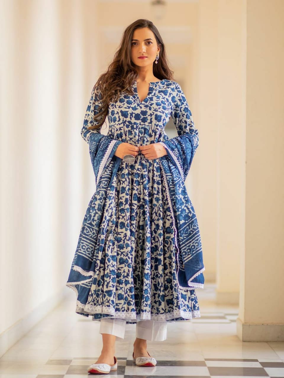 Blue Dabu Print Gown Kurta Set