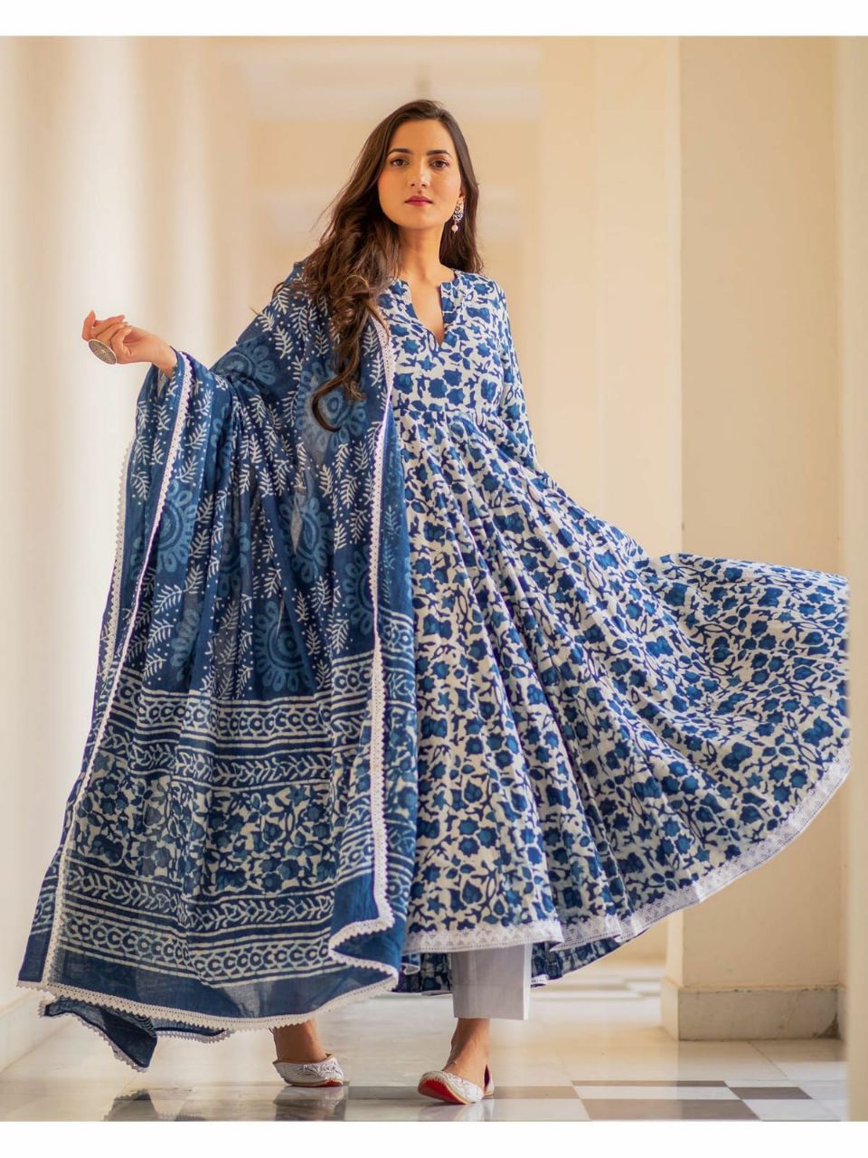 Blue Dabu Print Gown Kurta Set