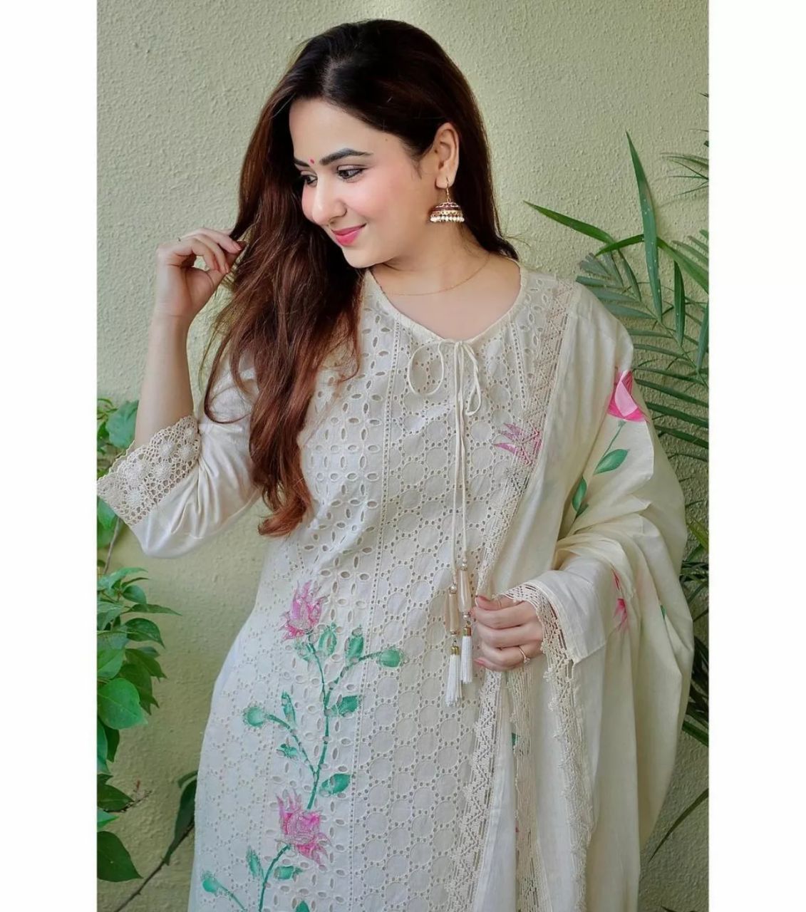 White Straight Chicken Chifli Work Hand-Printed Cotton Kurta Set