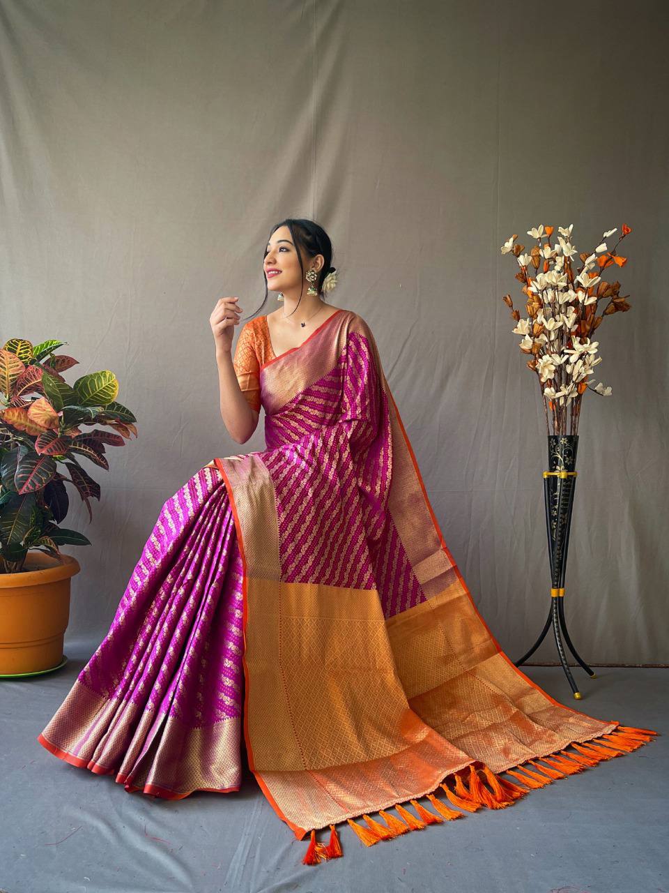 Purple Banarasi Beautiful Patola Sarees With Leheriya Gold Zari Weaves
