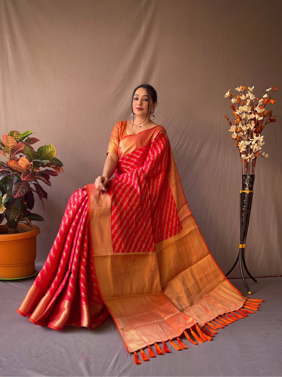 Red Banarasi Beautiful Patola Sarees With Leheriya Gold Zari Weaves