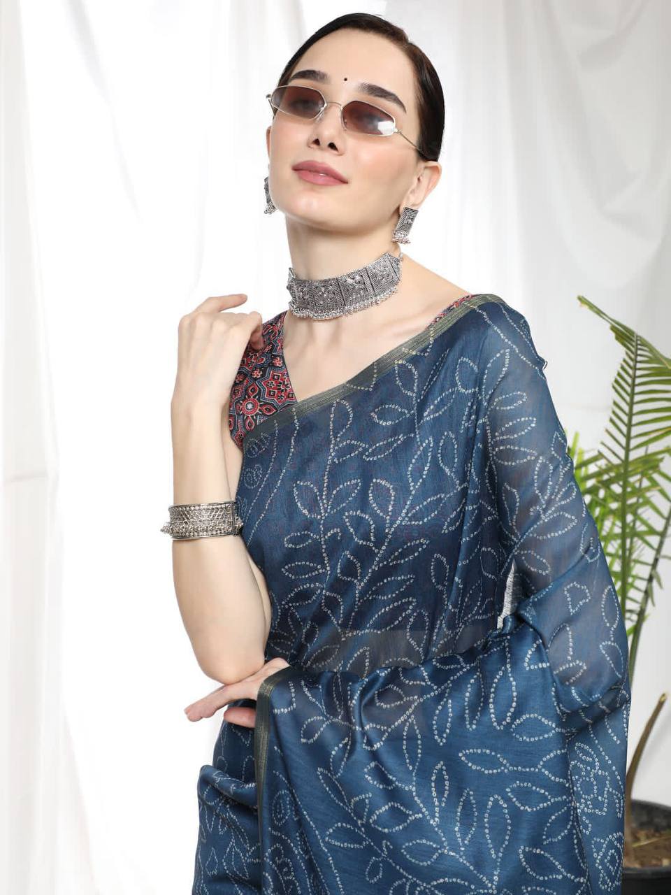 Blue Soft Linen Cotton Saree With Beautiful Bandhani