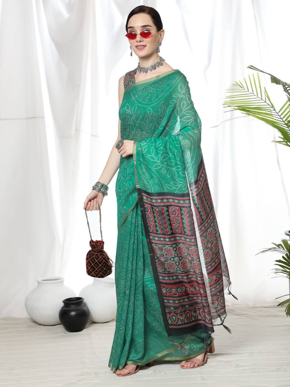 Teal Soft Linen Cotton Saree With Beautiful Bandhani