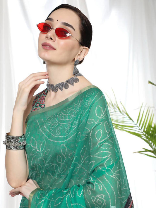 Teal Soft Linen Cotton Saree With Beautiful Bandhani