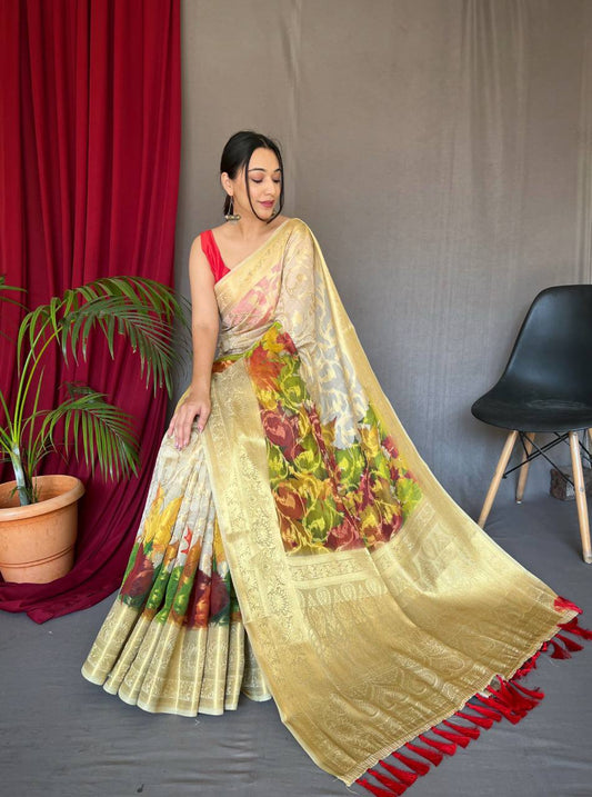 Lemon Organza Zari Sweaving Saree With Gold Zari Weaved Border