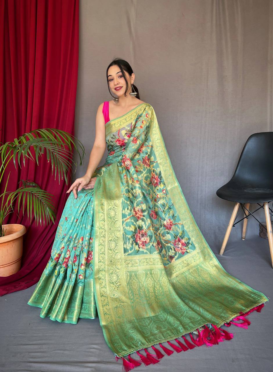 Green Organza Zari Sweaving Saree With Gold Zari Weaved Border