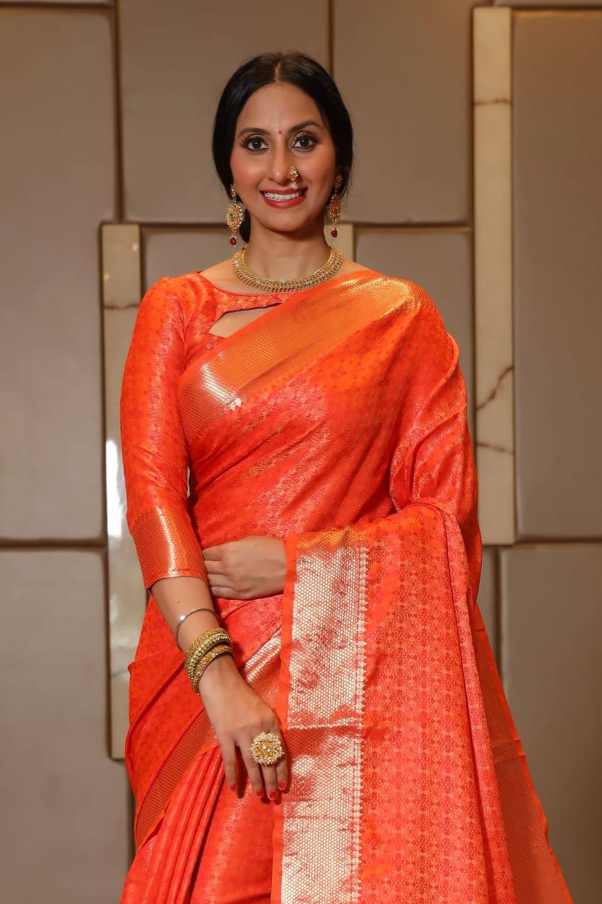 Orange Soft Banarasi Silk Tanchoi Saree With Zari Border