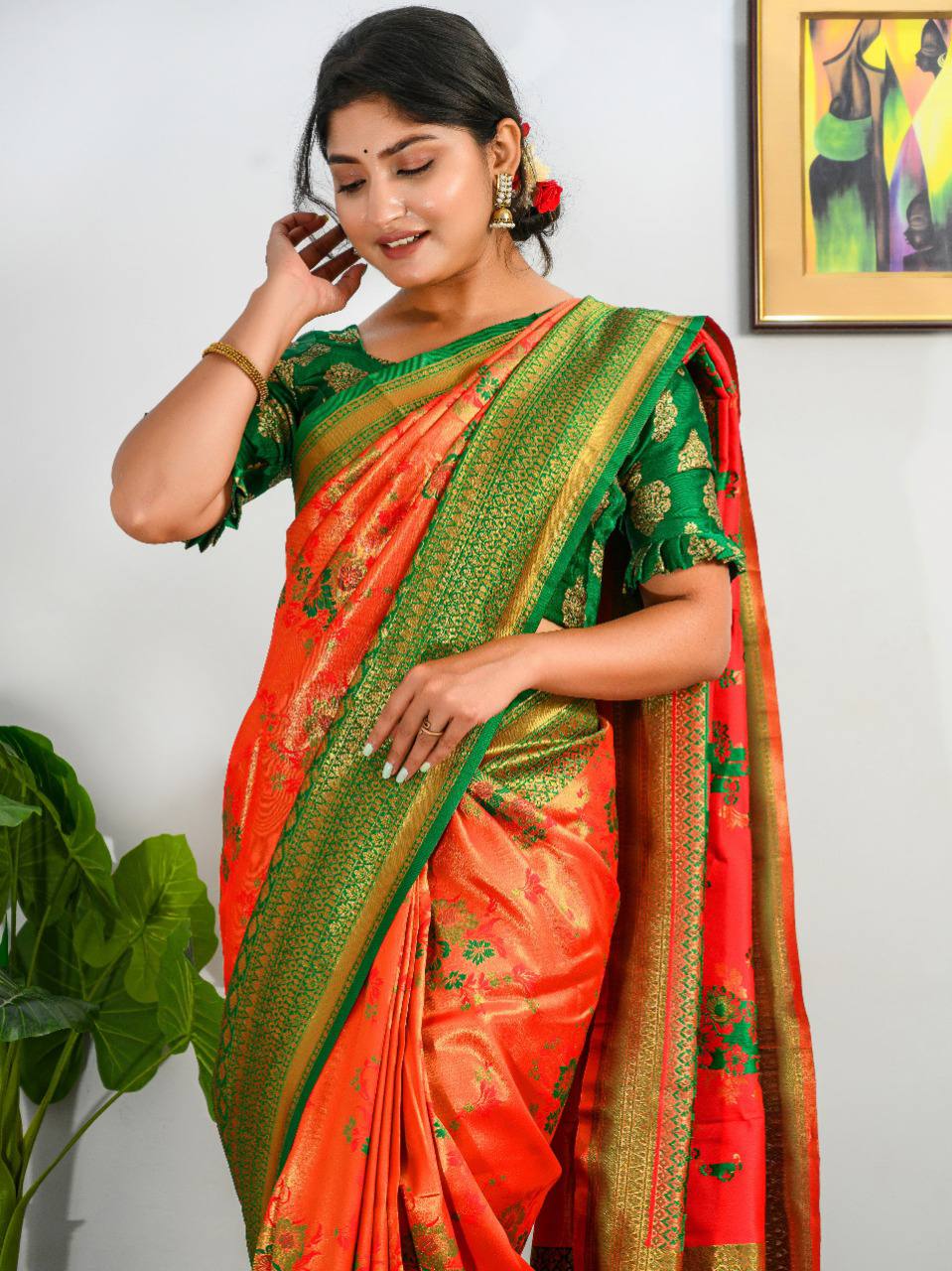 Orange Pure Heavy Golden Contrast Kanjeevaram Silk Saree