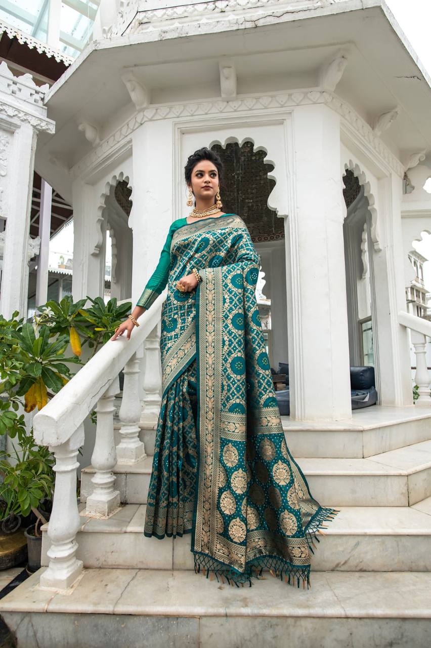 Teal Pure Banarasi Silk Saree With Bandhani Meenakari Woven