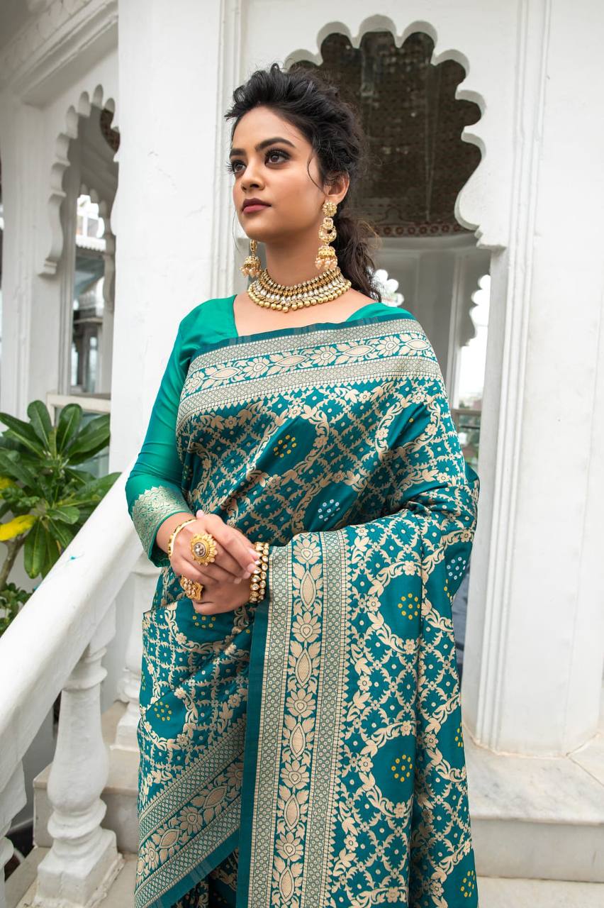 Teal Pure Banarasi Silk Saree With Bandhani Meenakari Woven