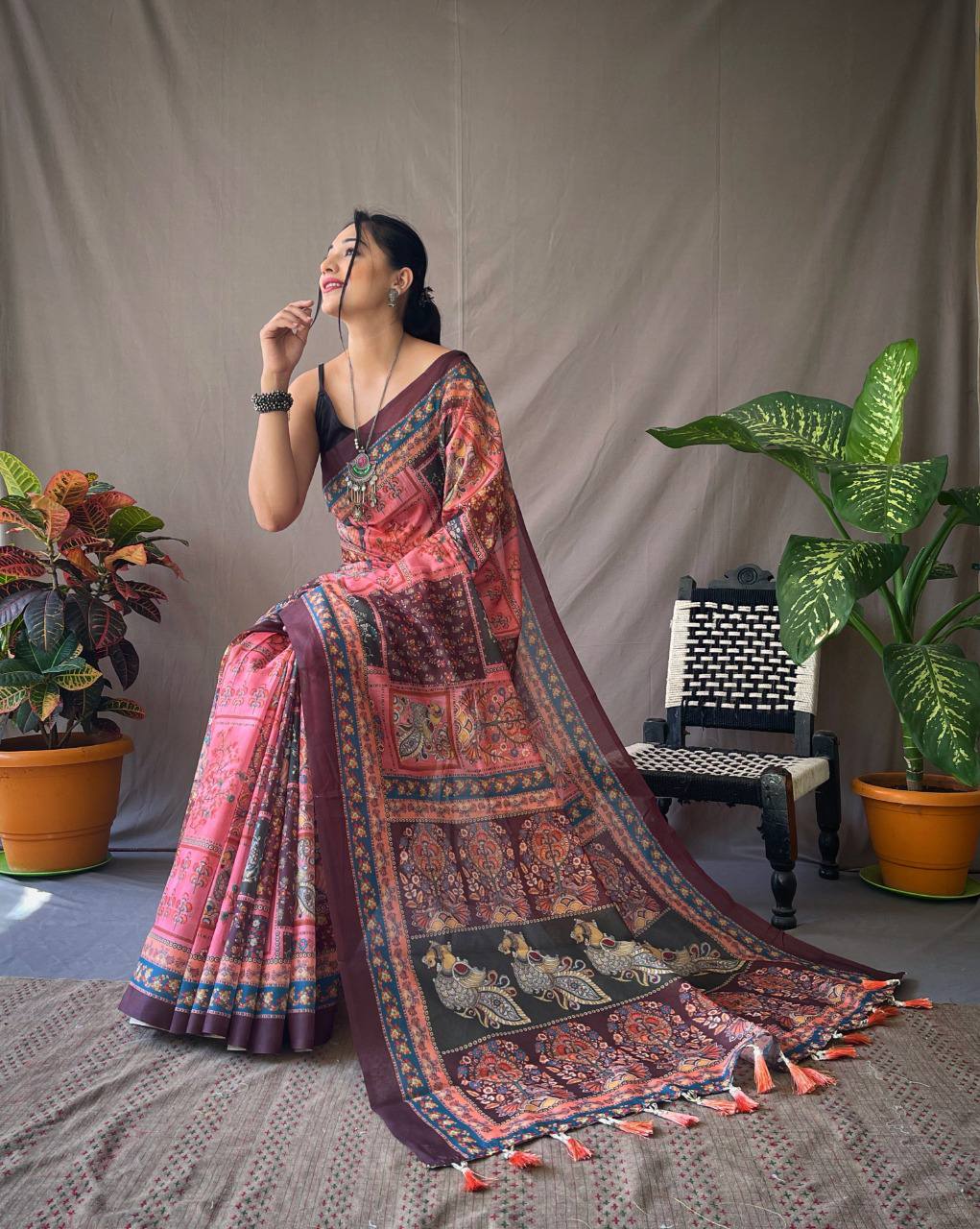 Pink Kalamkari Print Saree With Tassles Attached