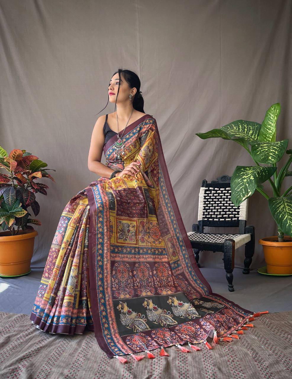 Yellow Kalamkari Print Saree With Tassles Attached