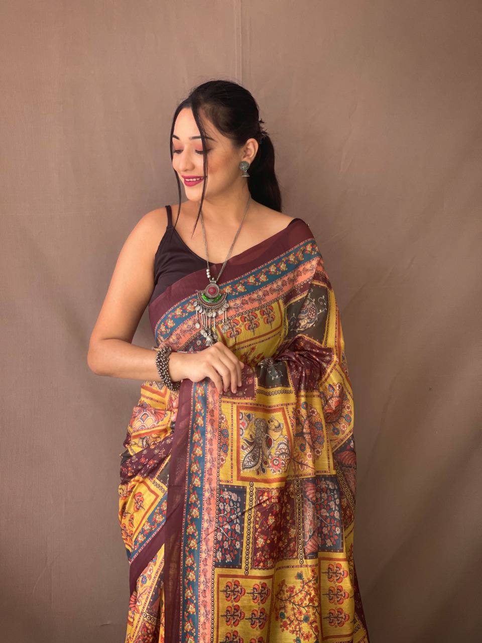 Yellow Kalamkari Print Saree With Tassles Attached