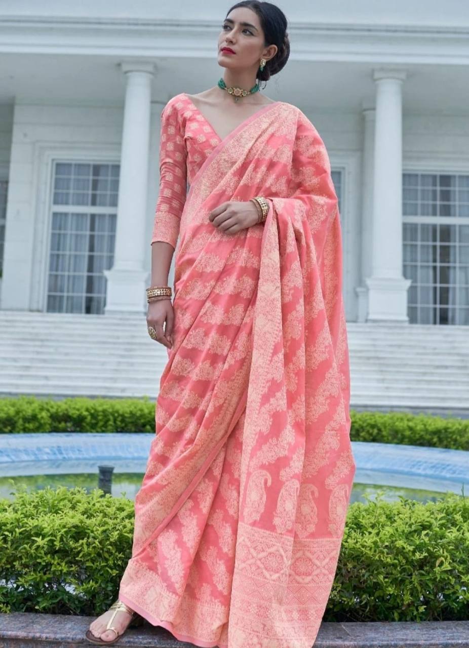 Pink Banarasi Cotton Chikankari Weaving Sarees