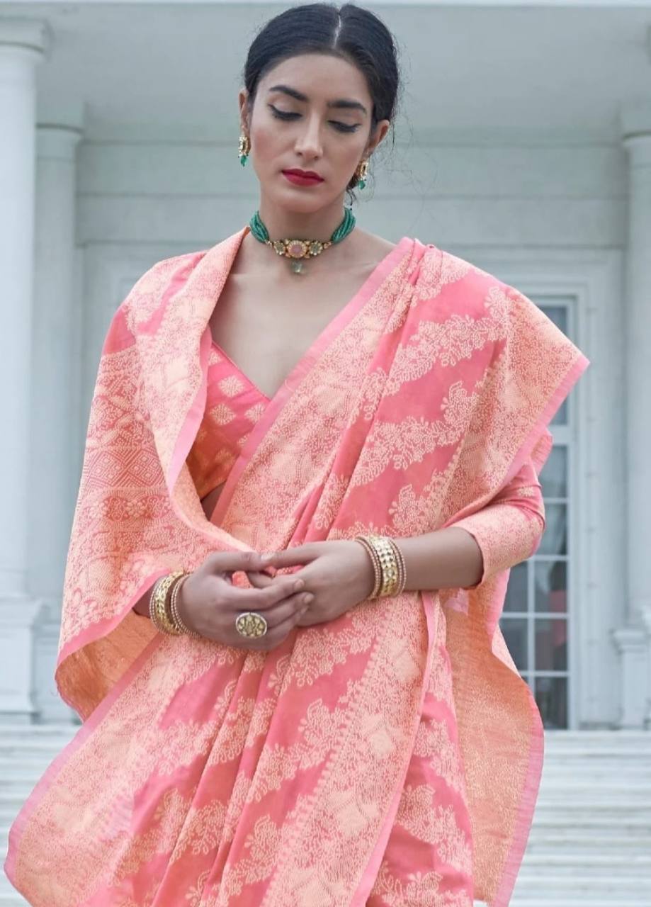 Pink Banarasi Cotton Chikankari Weaving Sarees