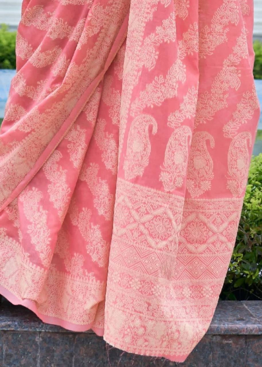 Pink Banarasi Cotton Chikankari Weaving Sarees