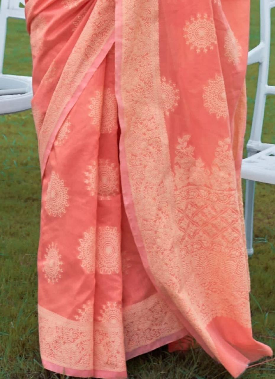 Peach Banarasi Cotton Chikankari Weaving Sarees
