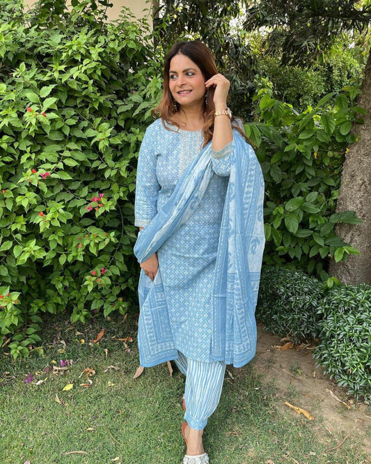 Beutiful Winter Pastel Colored Handblock Printed Kurti Pant Set