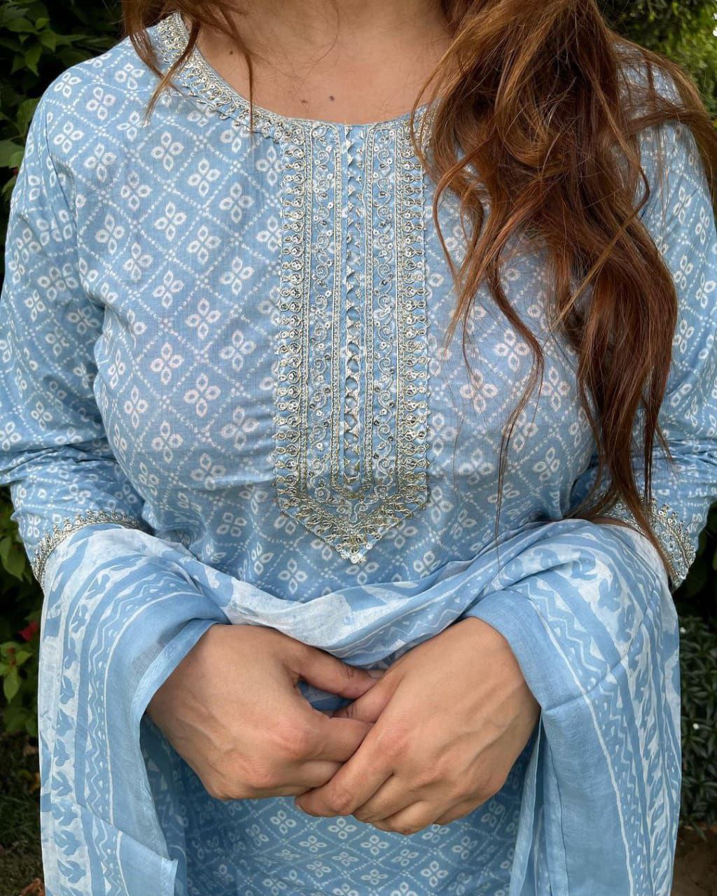 Beutiful Winter Pastel Colored Handblock Printed Kurti Pant Set