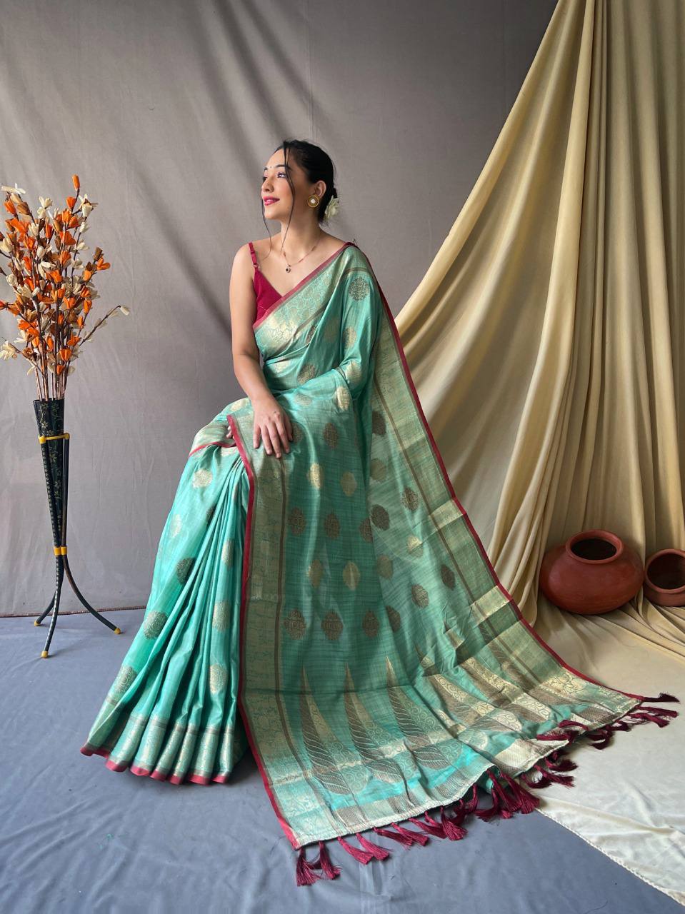 Sky Blue Pure Cotton Linen Saree With Copper And  Gold Zari Mottifs