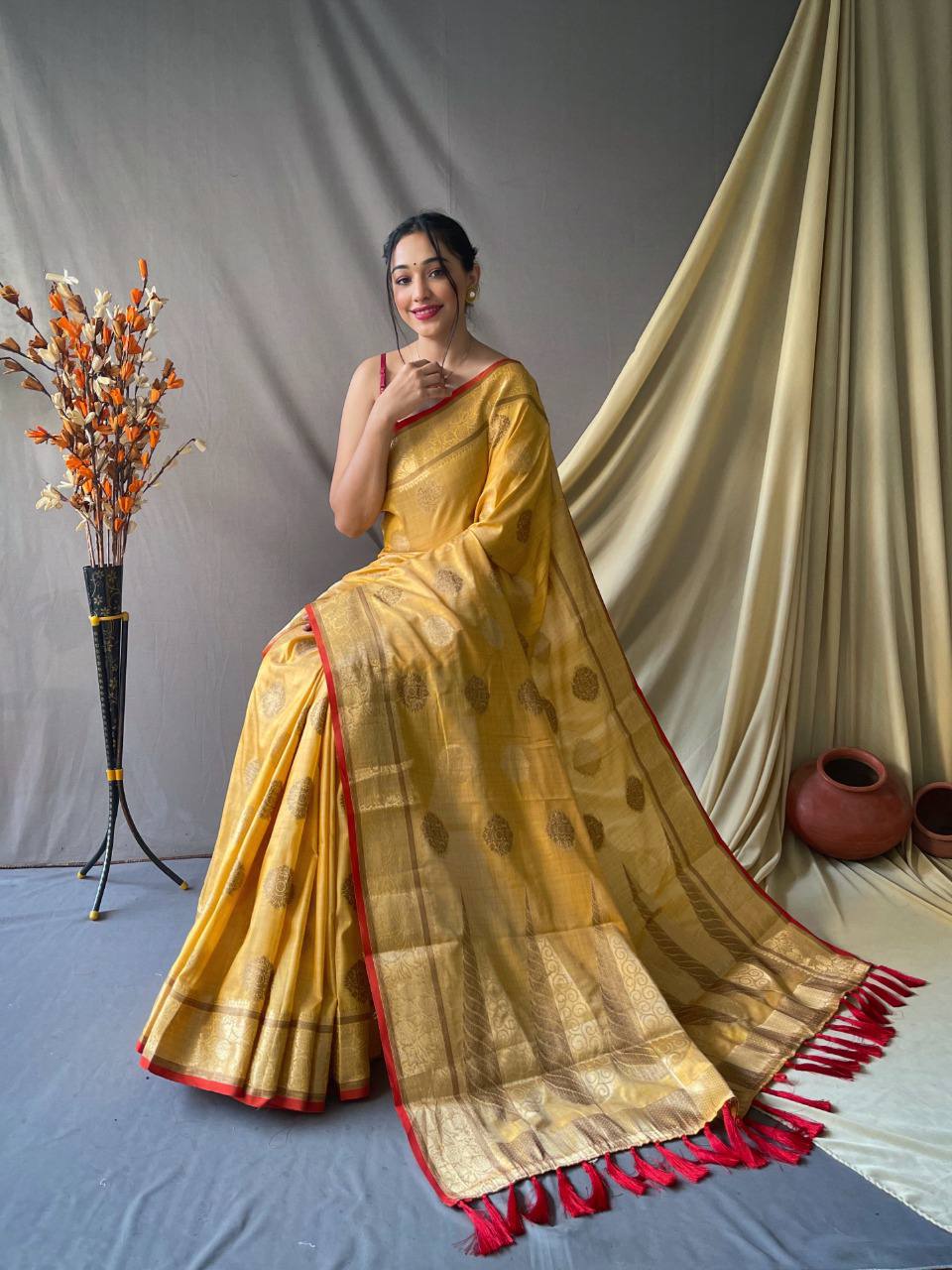 Yellow Pure Cotton Linen Saree With Copper And  Gold Zari Mottifs