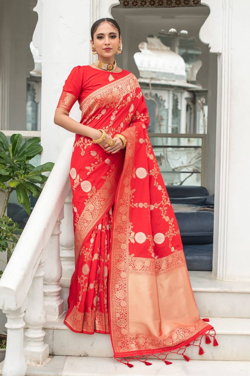 Red Soft Banarasi Katan silk saree