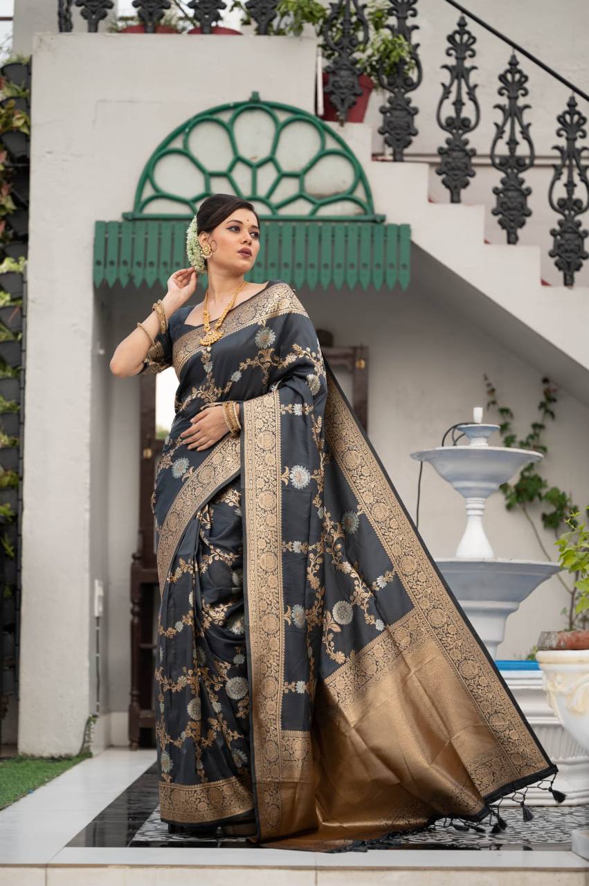 Grey Soft Banarasi Katan silk saree