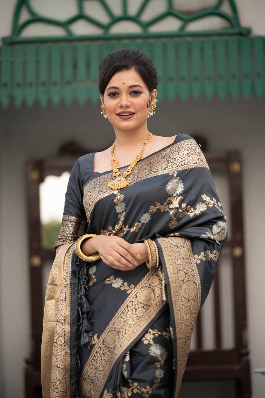 Grey Soft Banarasi Katan silk saree