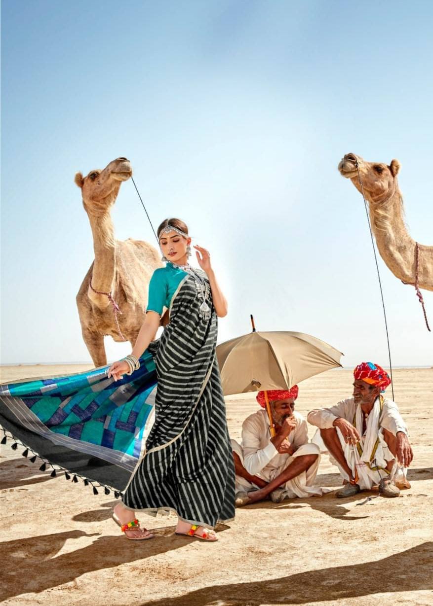 Blue Linen Silk Weaving Saree With All Over Silver Zari Woven Strips