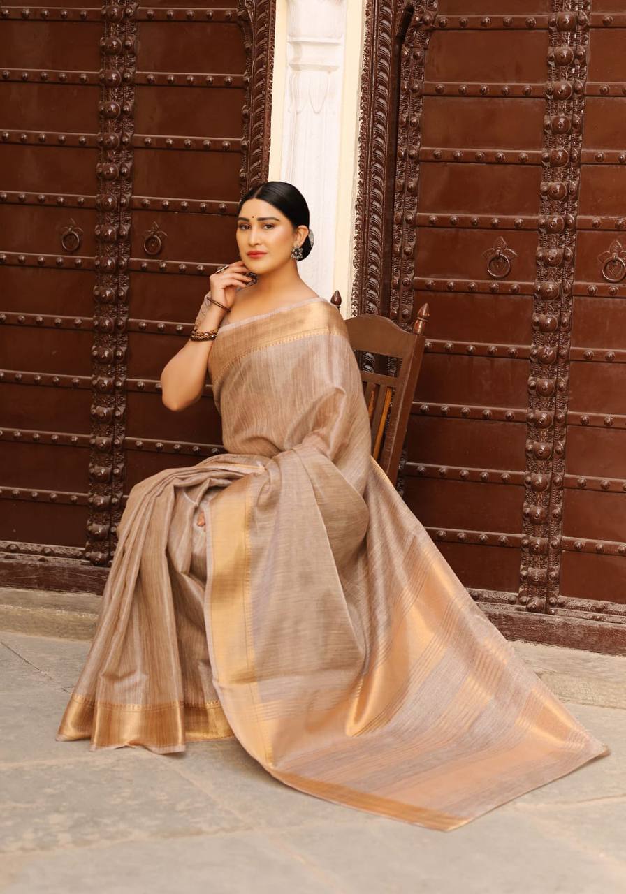 Brown Tussue Linen Silk Weaving Saree With Zari Woven