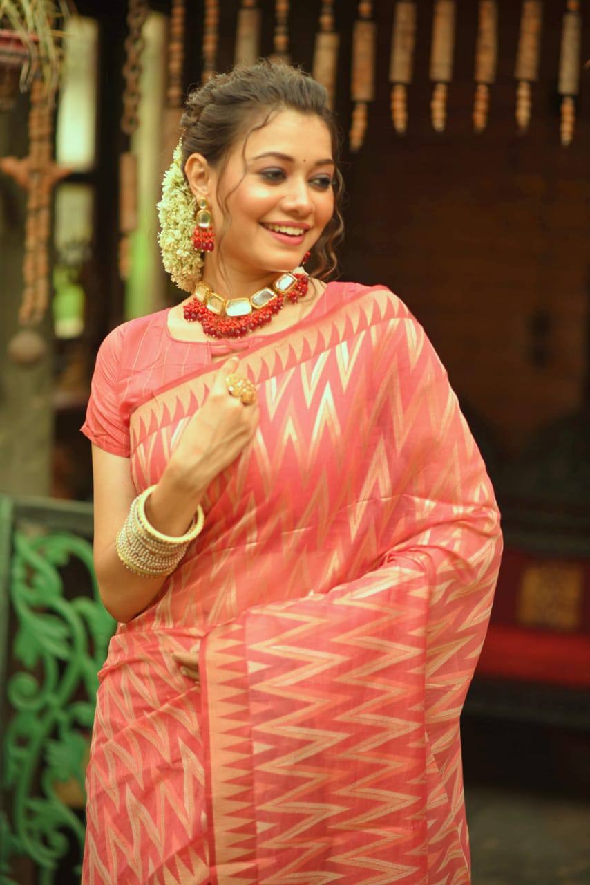 Orange Cotton Silk Saree With Gold Zari Woven Pattern