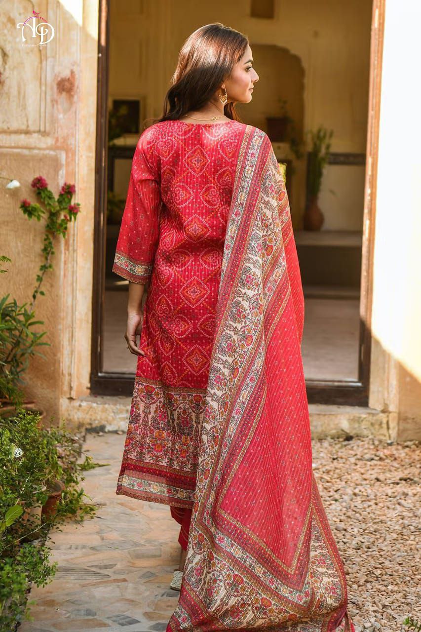 Red Beautiful Muslin With Prosid  Design Work