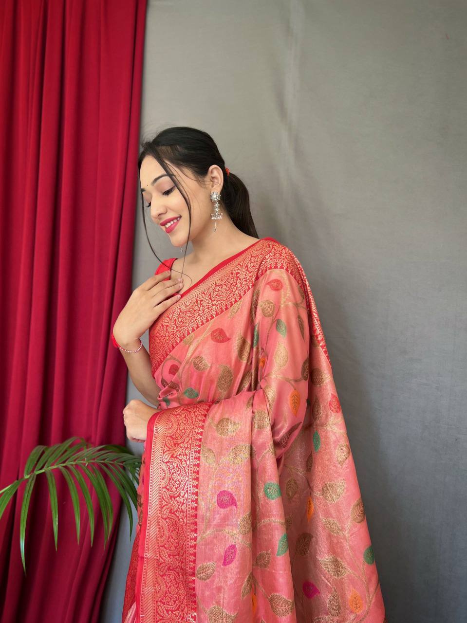 Pink Pure Tissue Silk Saree With Zari Weaving