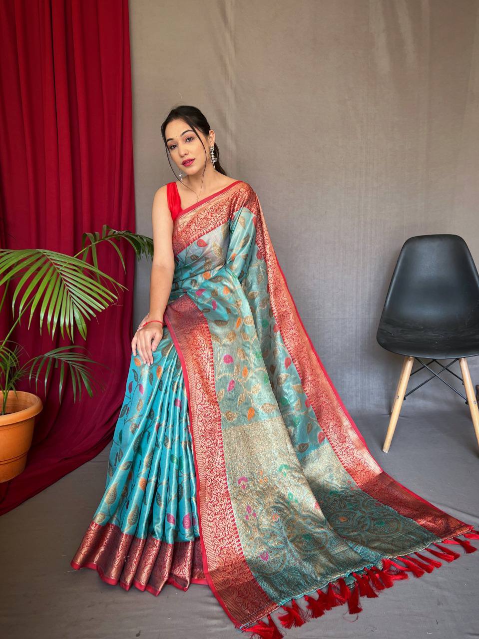 Sky Blue  Pure Tissue Silk Saree With Zari Weaving