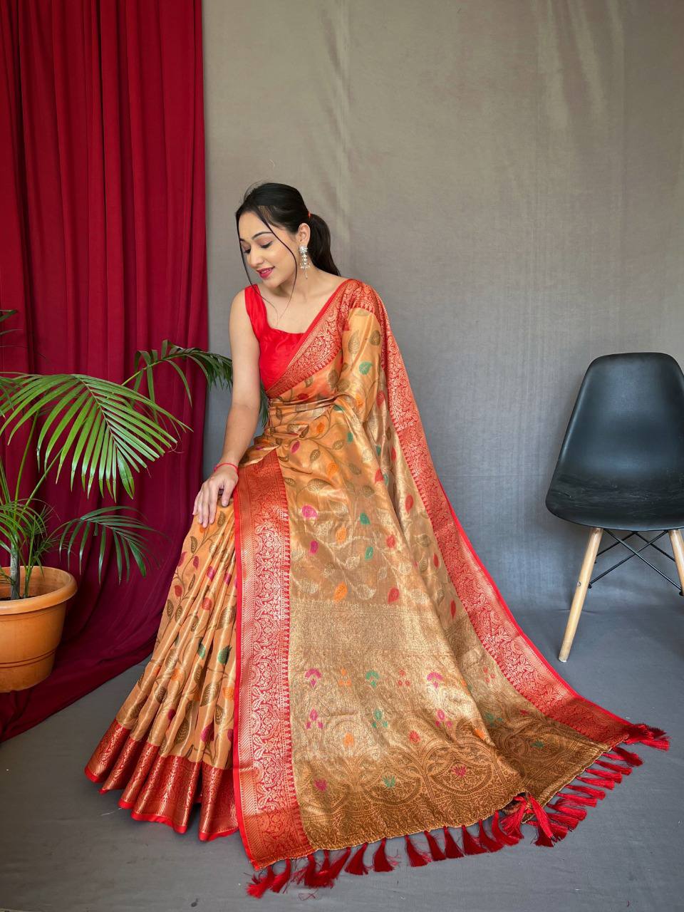 Orange Pure Tissue Silk Saree With Zari Weaving