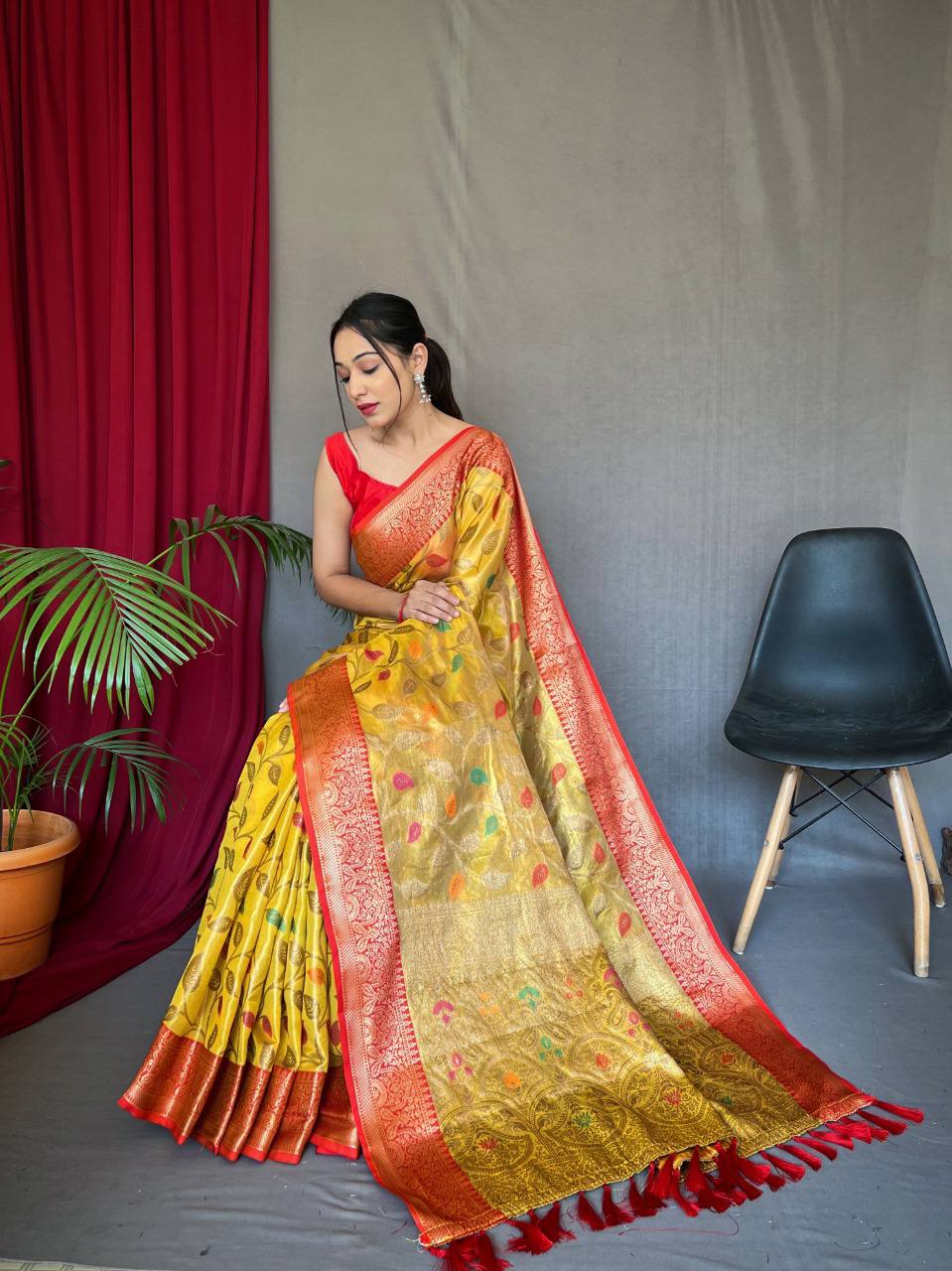 Yellow Pure Tissue Silk Saree With Zari Weaving