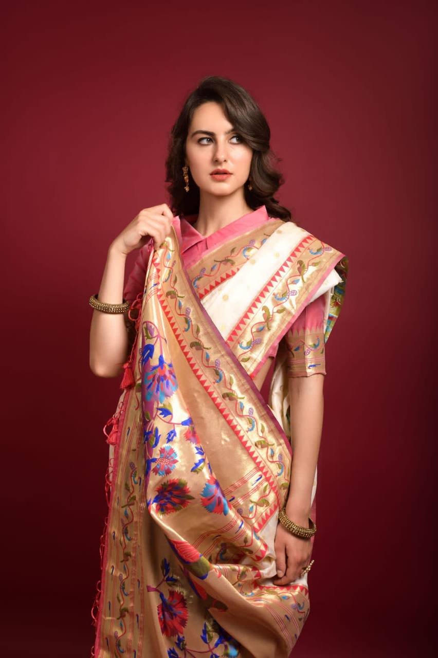 Cream Banarasi Soft Silk Paithani Saree With Fancy Meena