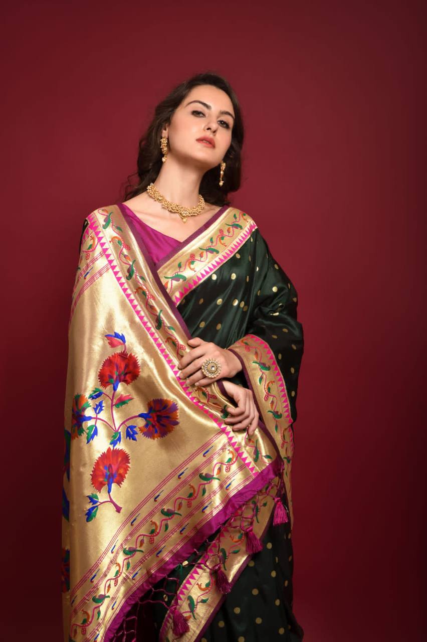 Green Banarasi Soft Silk Paithani Saree With Fancy Meena