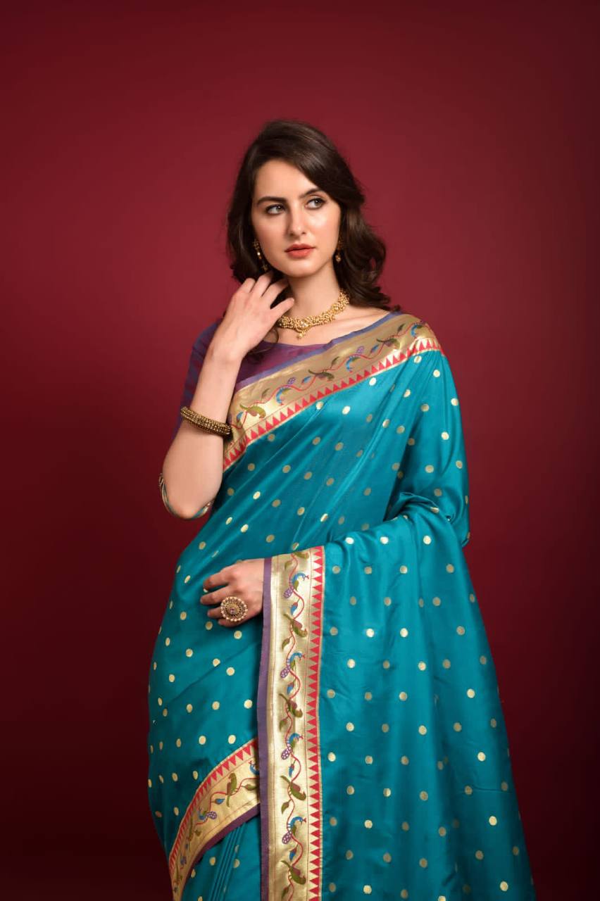 Sky Blue Banarasi Soft Silk Paithani Saree With Fancy Meena