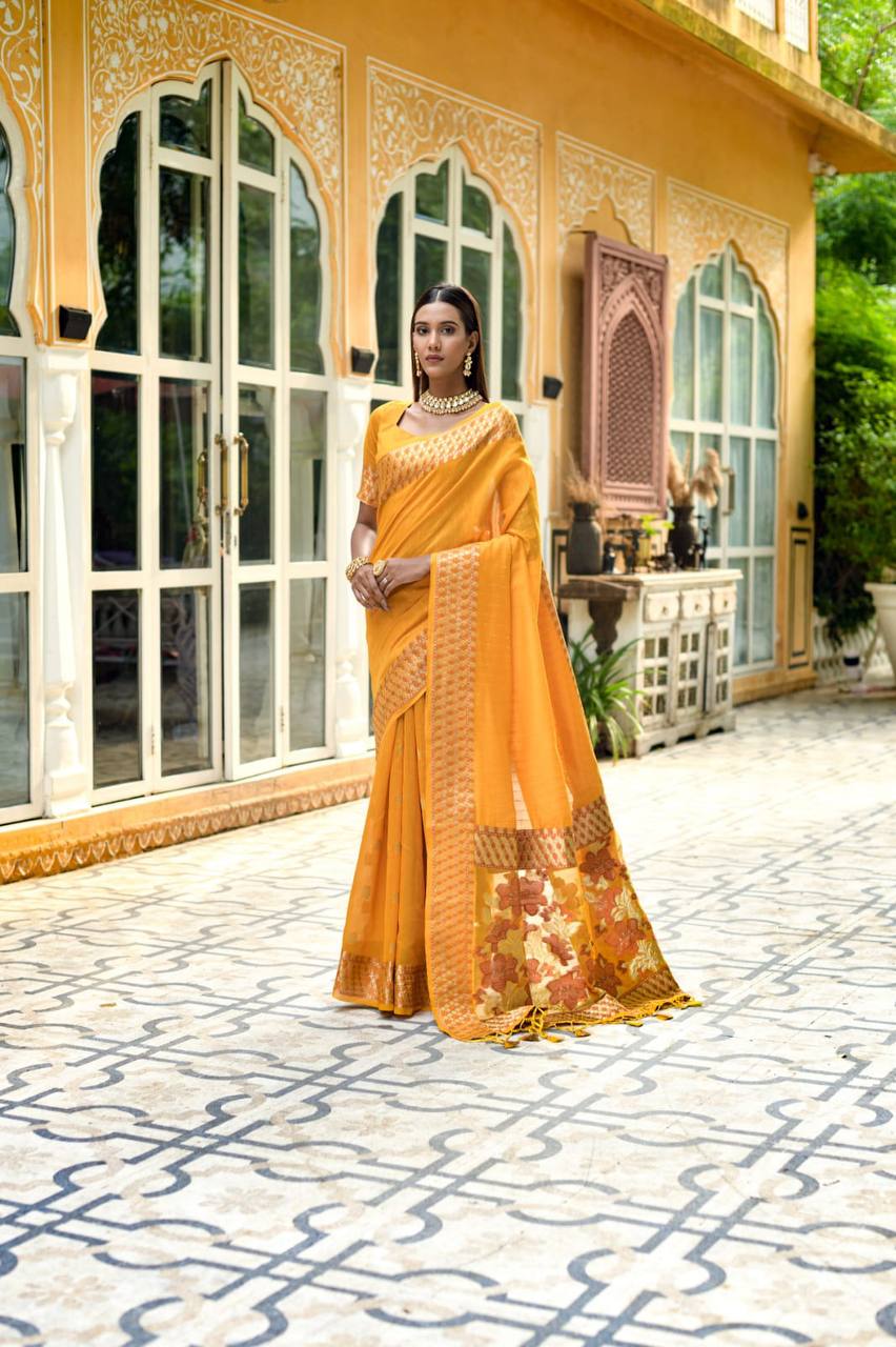 Yellow Linen Silk Saree With Sequence Zari Weaves