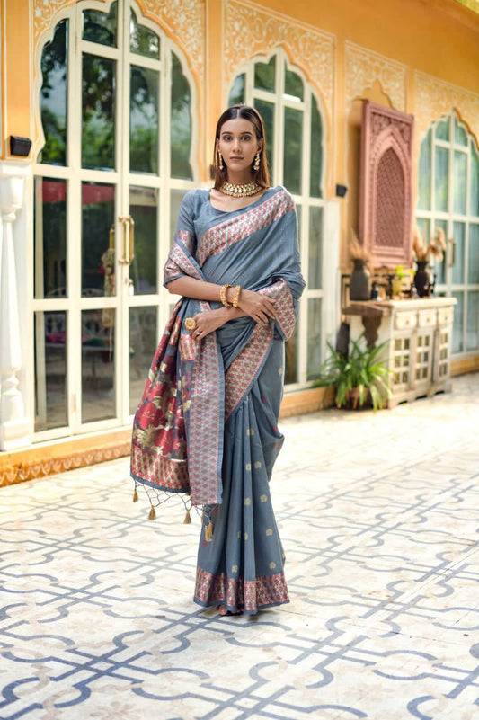 Grey Linen Silk Saree With Sequence Zari Weaves