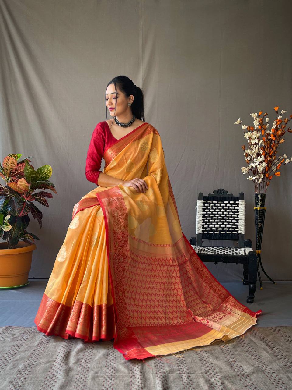 Yellow Linen Saree With Chap Border