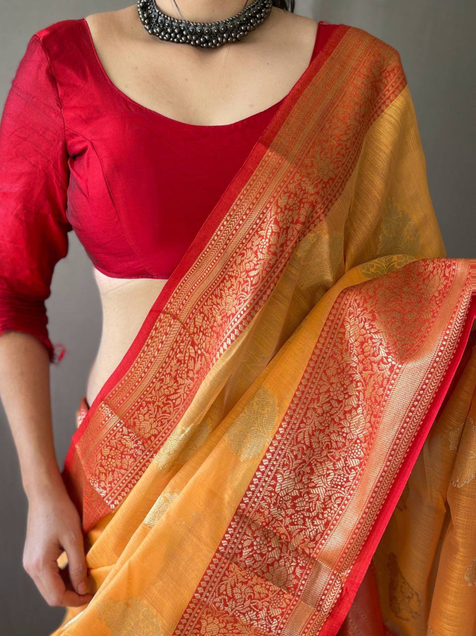Yellow Linen Saree With Chap Border
